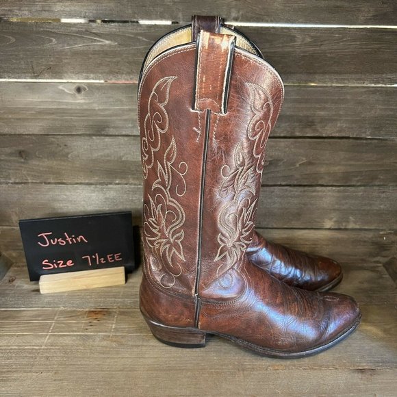 Justin Boots Other - Mens Justin Marbled Leather Round Toe Brown Western Cowboy Boots Size 7.5 EE GUC